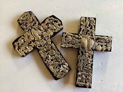 Set Of 2 Wooden Milagro Crosses 7 1/2  X 5 1/2  X 2  And 7  X 5  X 1 1/2 