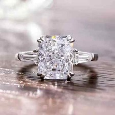 3 Ct Radiant Cut Moissanite Three Stone Engagement Ring 14k White Gold Plated