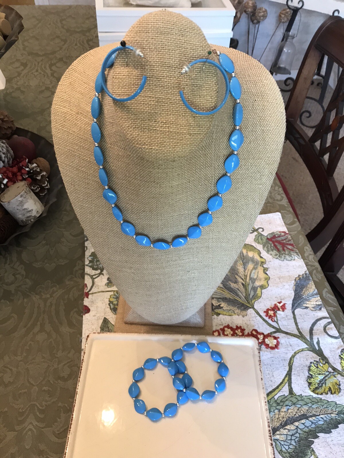 Jewelry Set Preloved Aqua Blue Hoop Earrings, Necklace, 2 Bracelets