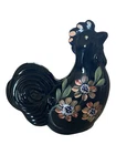 Lenox Fenton Midnight Black Art Glass Rooster Hand Painted Flowers Signed Neader