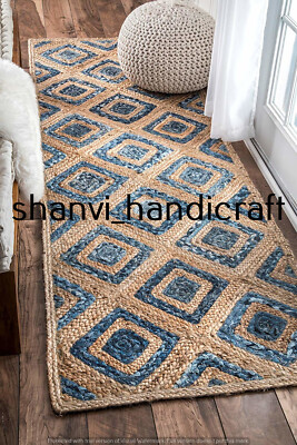 Handmade Braided Jute Runner Rug Bohemian Rag Rug 2x6 Feet Jute Denim Floor Rug
