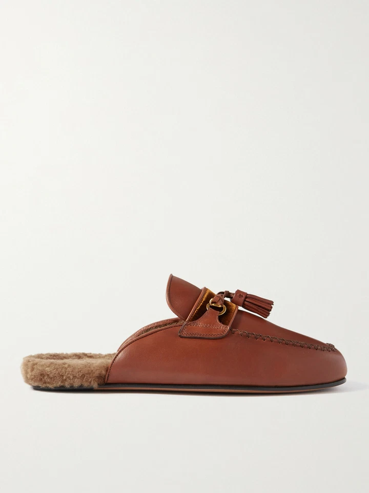 Mocassim TOM FORD Stephan Shearling couro borlas sem costas chinelo Reino Unido 8 marrom