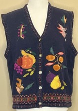 Vintage 90s Y2K Knit Sweater Vest L Embroidered Fruit Appliqu  Leaves Buttons