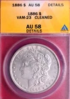 ANACS AU! 1886 VAM-23 MORGAN DOLLAR DOUBLED EAR, DIE GOUGE STAR