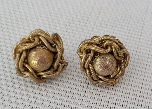 Vintage  Miriam Haskell Earrings  Gold Tone Rope Bead Clip Screw Back Signed