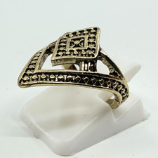 Vintage Bronze Tone Geometric Chevron Shield Ring Textured Beaded Statement Ring