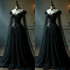 Gothic Black Wedding Dresses Off Shoulder Sleeveless Lace Appliques Bridal Gowns