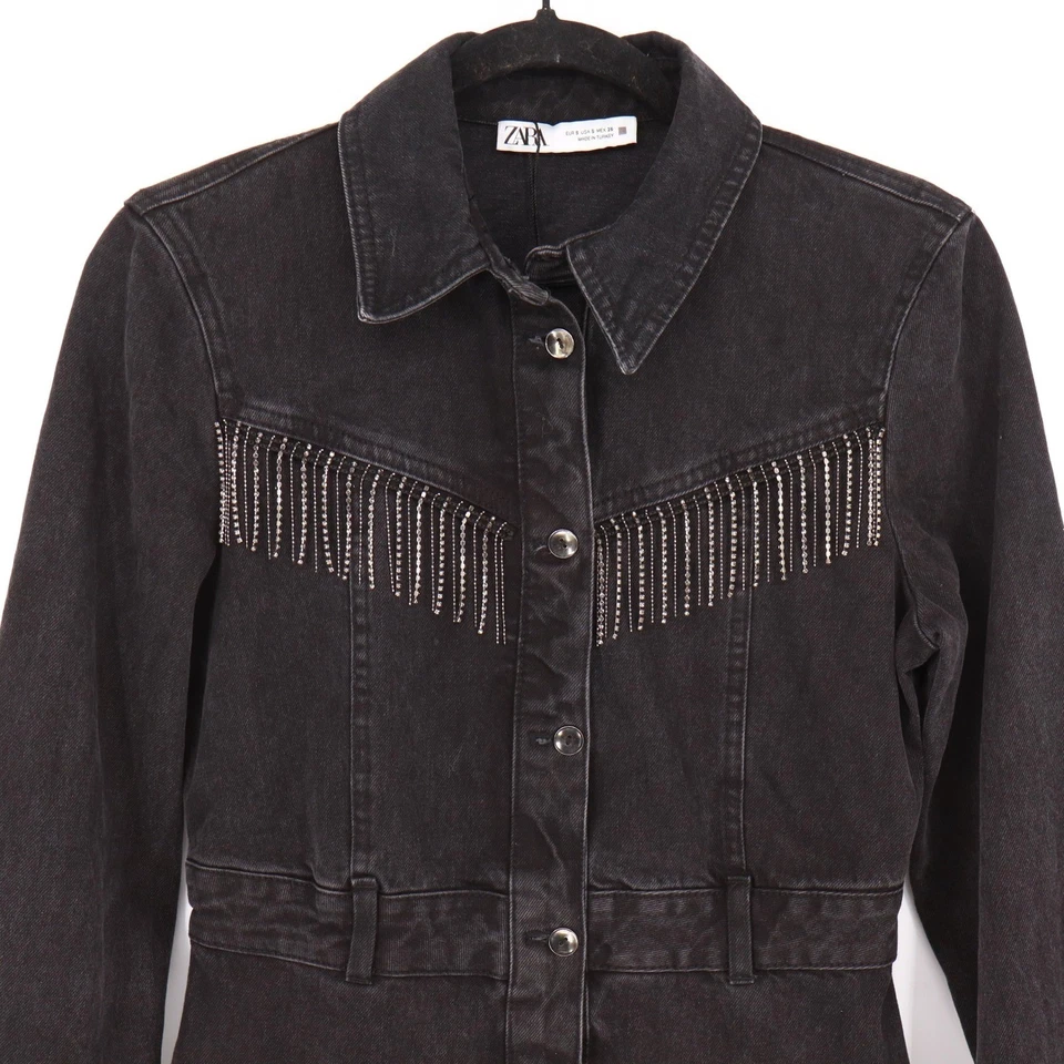 Zara Denim Mini Dress Womens Size S Black Rhinestone Fringe Embellished Western - Image 3 of 4