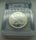 Certified 1922 Peace Dollar ICG MS63 Silver $1 Certified Slabbed Graded