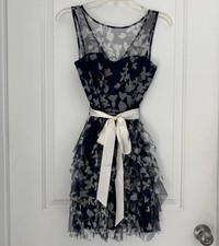 Women’s Juniors TeezeMe Navy Floral Mesh Cocktail Dress Ivory Belt Sz 3