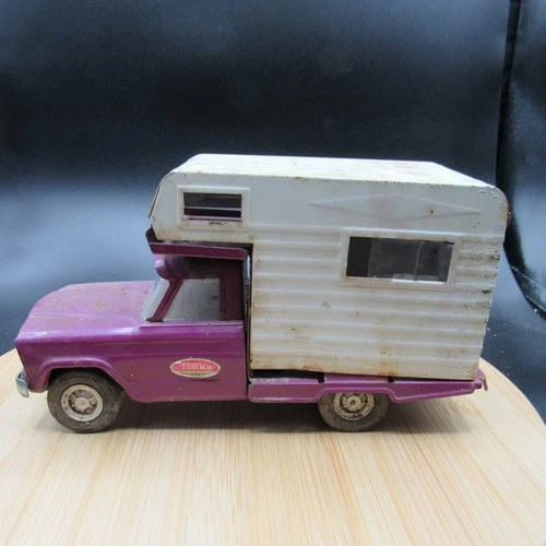 Vintage 1960's Tonka Jeep Camper Pink Pressed Steel Truck and Camper
