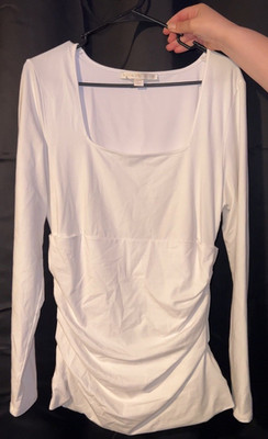 Boston Proper White Ruched Slim Fit Scoop Neck Long Sleeve Knit Top XL