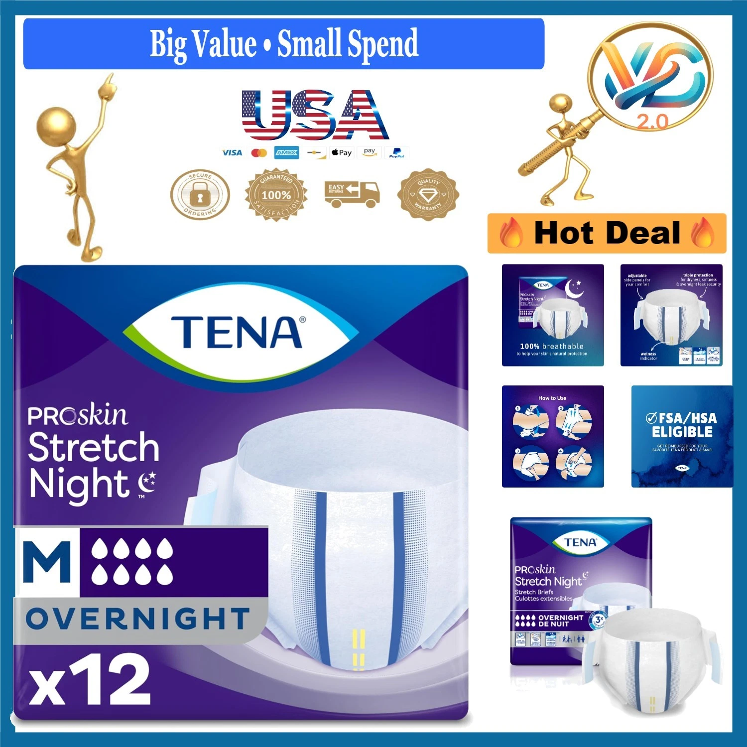 TENA ProSkin Night Adult Diapers Unisex Medium 12 Pack Breathable Stretch