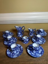 Victoria Ware Stoneware Small Tea Cups Saucers Sugar Creamer Cobalt Flue Floral