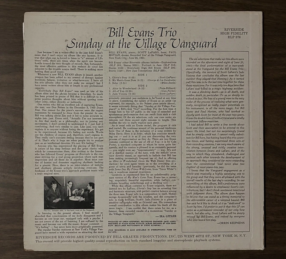 Bill Evans Trio Sunday At Village Vanguard 1st Mono Riverside RLP 376 - Image 2 of 4