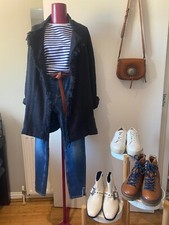 Iro £385 Cauley Black Tweed Effect Jacket With Fringed Edging Tie Belt 34 10-12
