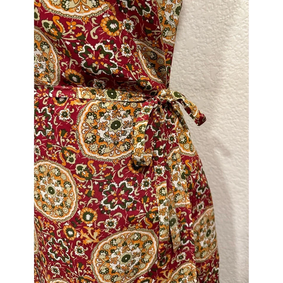 Merona Red Floral Print Faux Wrap 100% Silk Dress w/ Belt Womens 6 - Image 3 of 4