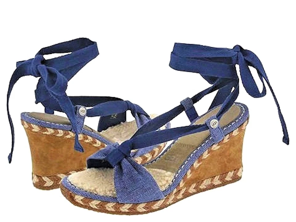 NIB New UGG Australia  Blue Depths AMELIE Ankle Wrap Wedge Shoes Size 5
