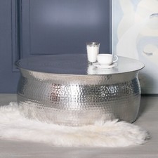 Modern Hammered Aluminium Round Drum Coffee Table Lamp Plant Silver Stand