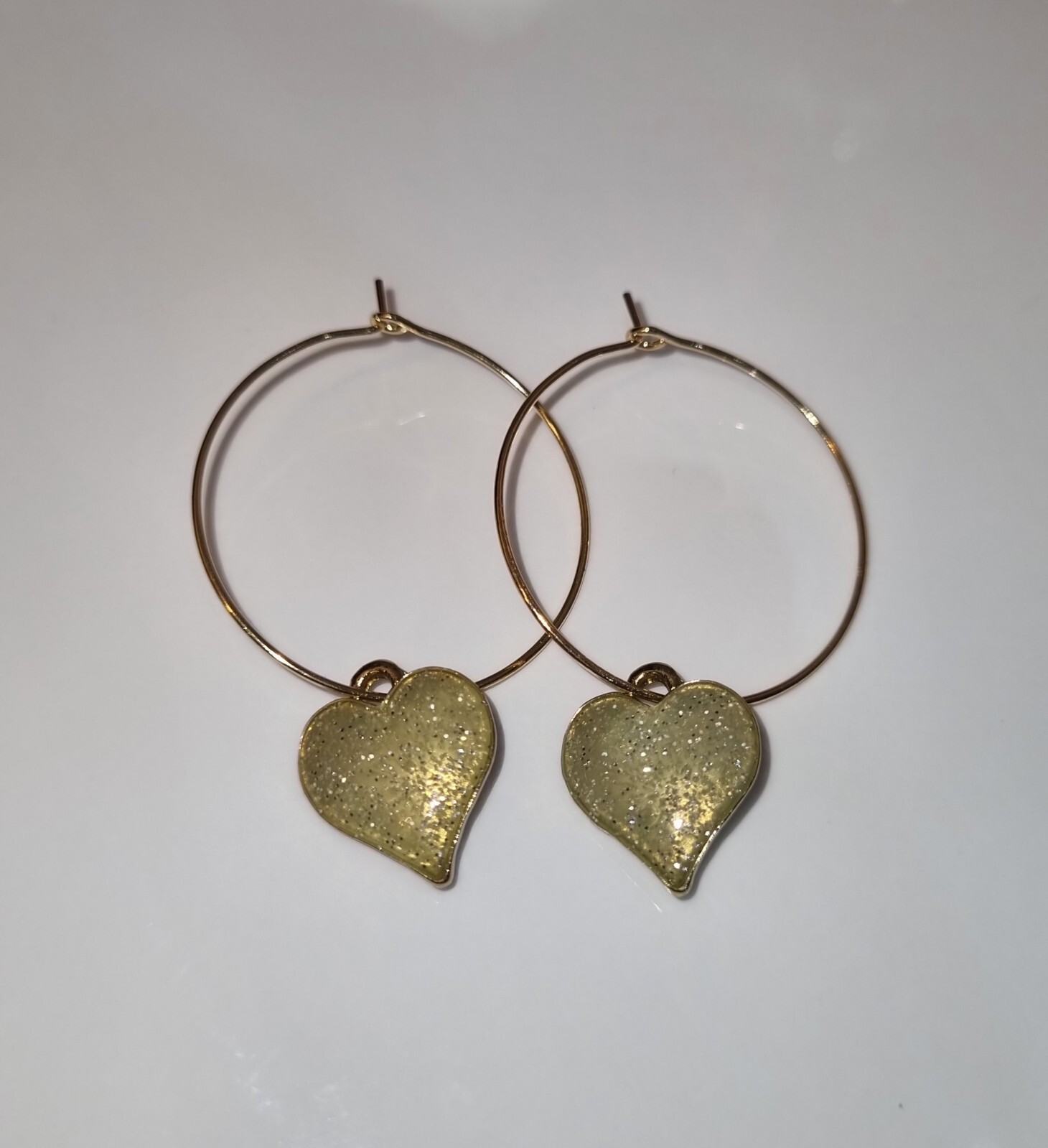 Gold Glitter Heart Hoop Drop Dangle Earrings By UK Seller Sparkling Statement Jewelry-image
