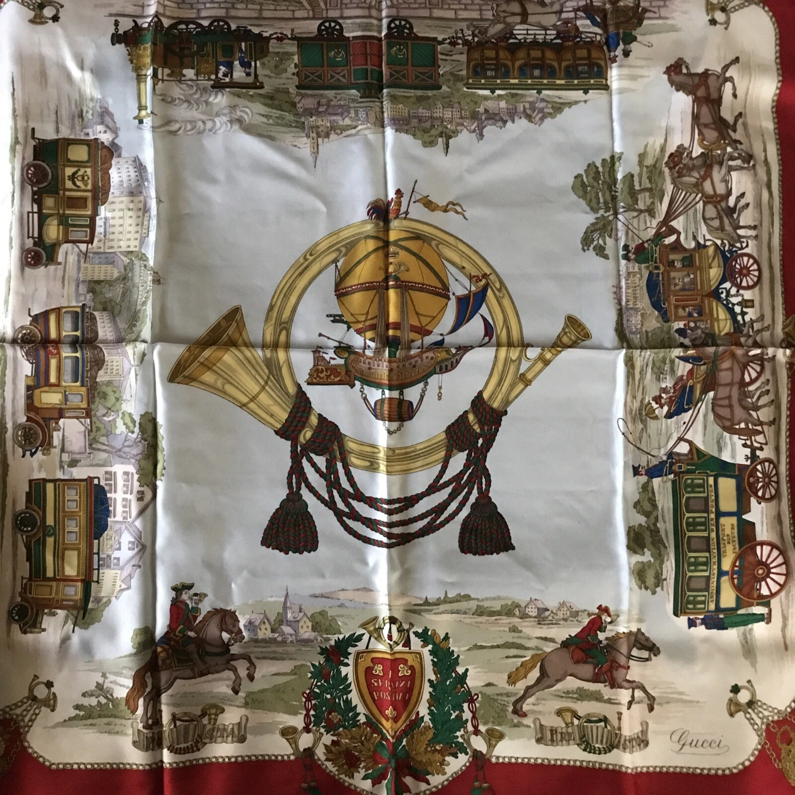 Écharpe équestre FAB vintage Gucci « services postaux » design 100 % soie fabriquée en Italie 