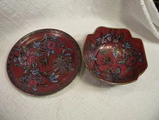 RED HAND PAINTED RAISED FLORAL PATTERN PLATE AND BOWL UNUSUAL!