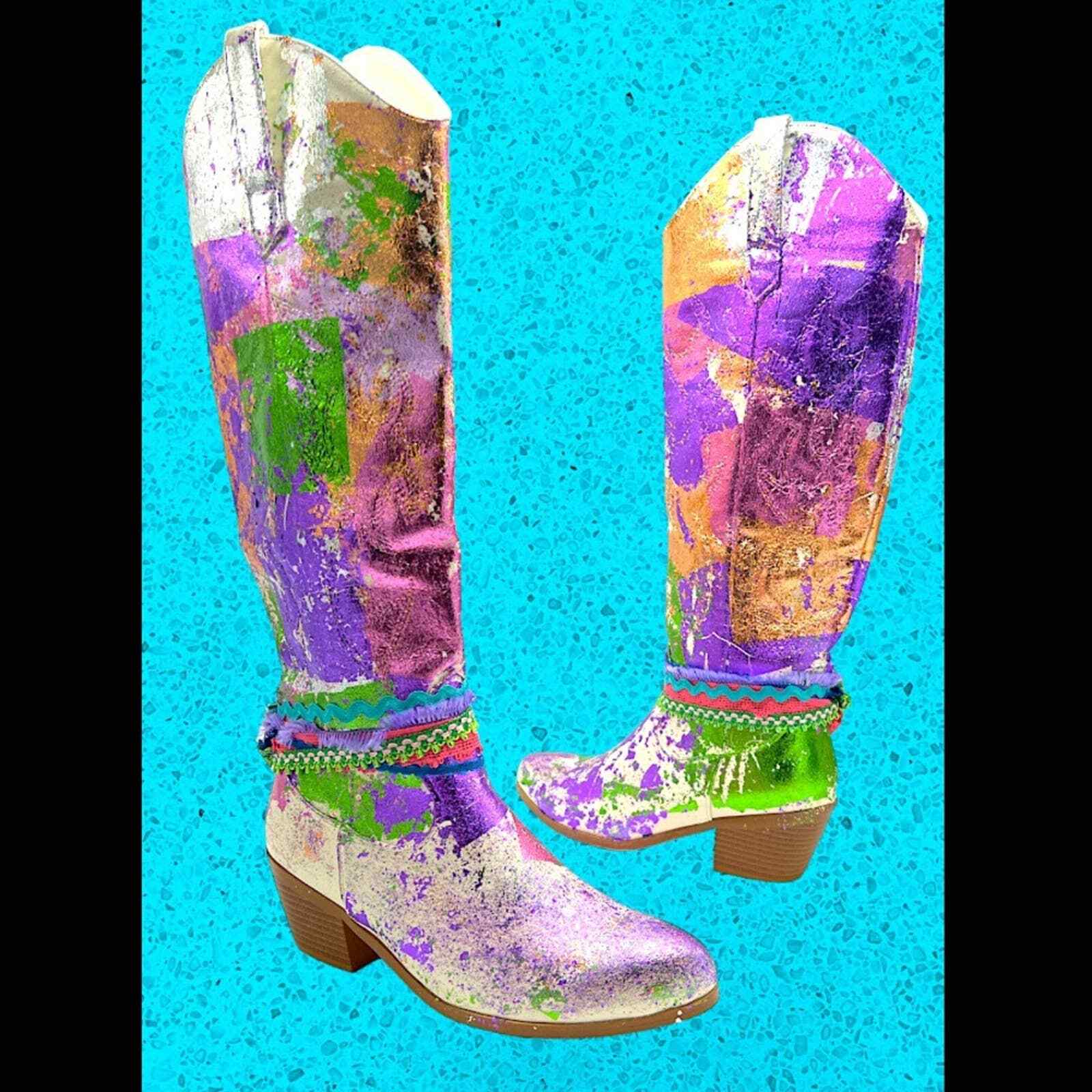 Western coastal cowgirl metallic foil boots glitter s… Gem