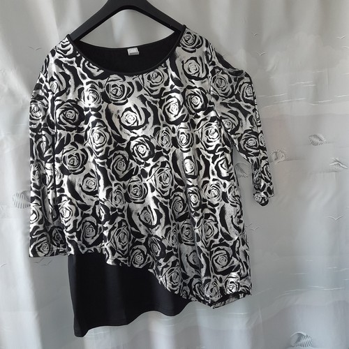 Festliche Damen Bluse Schwarz-Silber Gr 48 3/4 Arm Gefuttert Uneben Glitzer