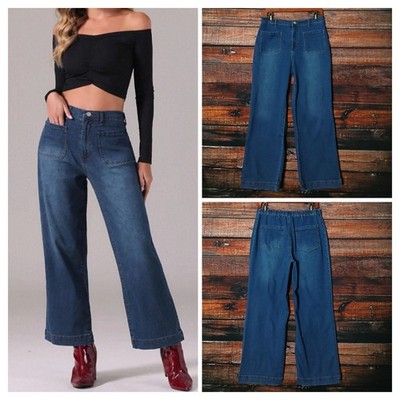 Allegra K Jeans M High Rise Wide Leg Crop Patch Pockets Blue Denim Elastic Waist