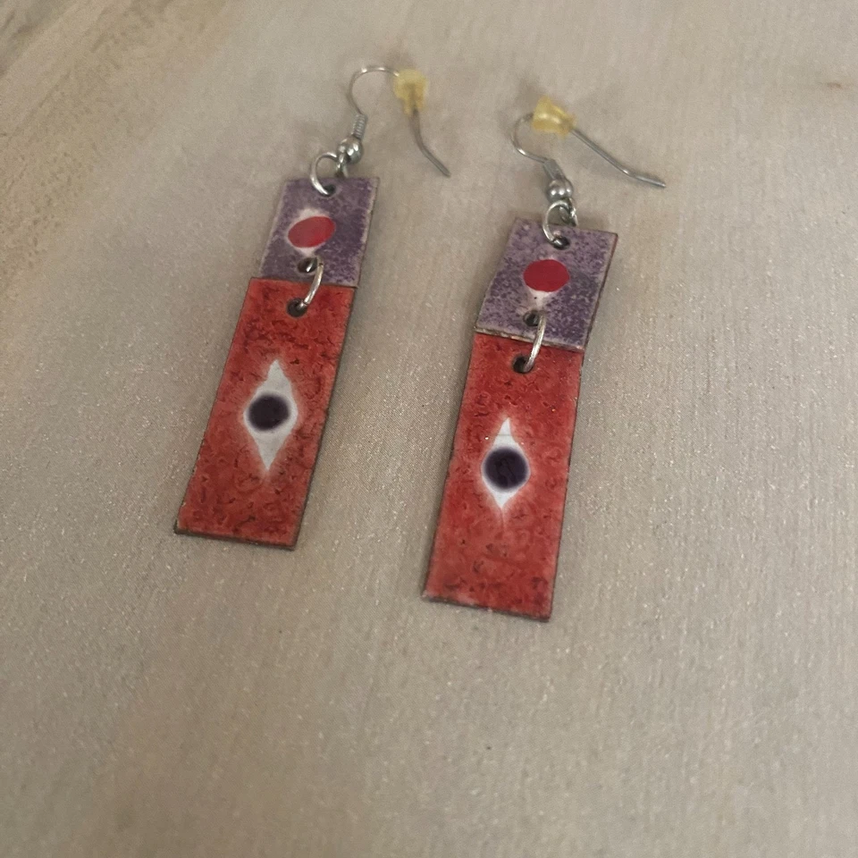 Brincos coloridos de cobre esmaltado pendurado gota abstrato boho artesão moderno - Imagem 3 de 4