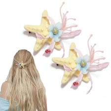 2 Pcs Pink Flowers Starfish Hair Clips, Mermaid Princess Duck Bill Clips Hair...