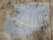 Infant Baby Girl Dress  Bloomers Blue Lace Trim  Embroidery 3-6 Mo Vtg 80s
