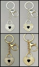DANGLING SILVERTONE or GOLDTONE METAL CRYSTAL HEART KEY CHAIN