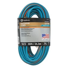 Southwire Extension Cord 80ft 12/3 SJTW Heavy-Duty Teal/Orange Power Light Plug