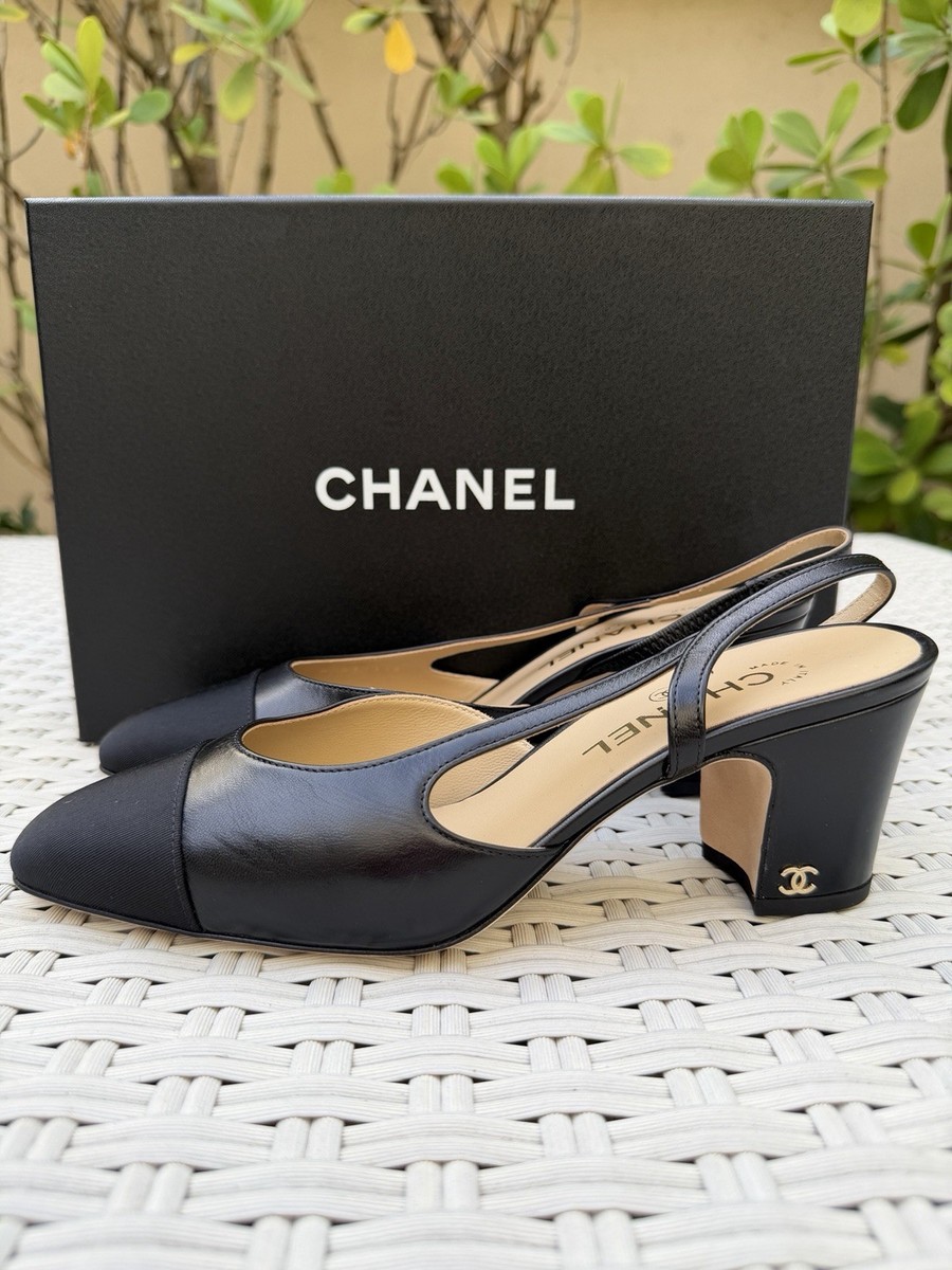 CHANEL CLASSIC CC LOGO BLACK LEATHER SLINGBACK LOW HEELS