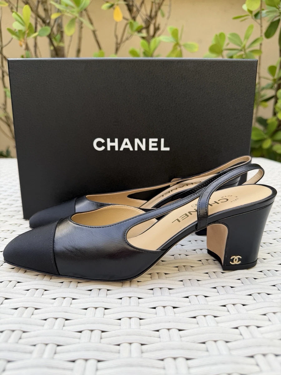 CHANEL CLASSIC CC LOGO BLACK LEATHER SLINGBACK LOW HEELS