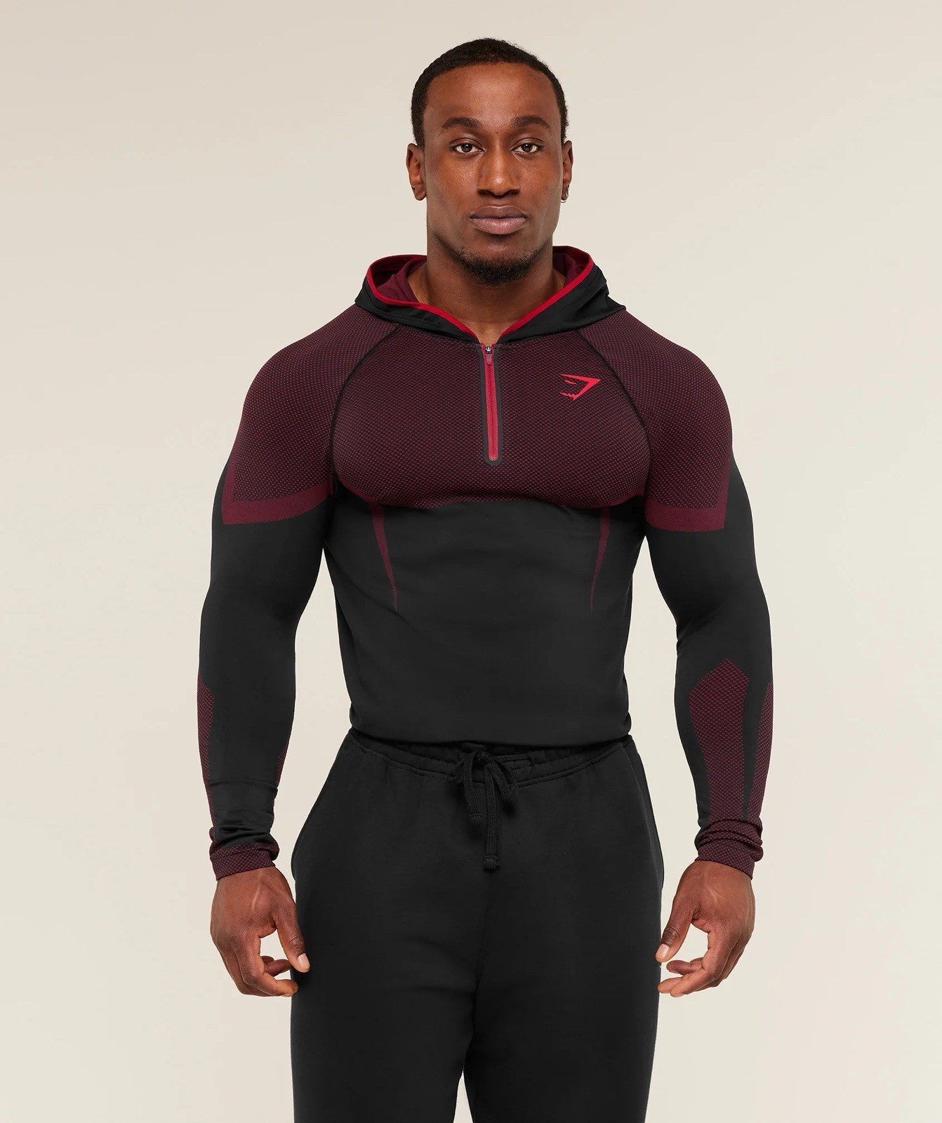 Gymshark Onyx V5 5.0 Seamless LARGE Hoodie Black Carmine Red 1/4 Zip