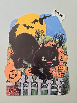 Vintage 1970s HMS Halloween Die-Cut Decoration Scared Black Cat with JOLs Bats