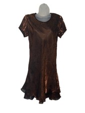 Vintage Karin Stevens Bronze Metallic Floral Flutter Sleeve Dress Sz 10 Y2K