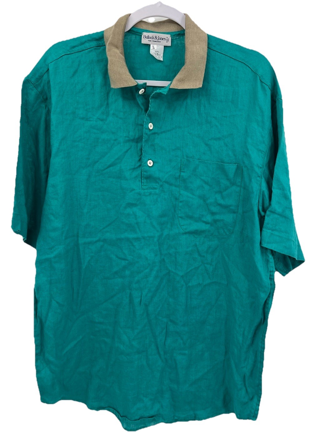 VTG Bullock Jones Mens L Large Short Sleeve Polo Shirt 100% Flax Linen Green