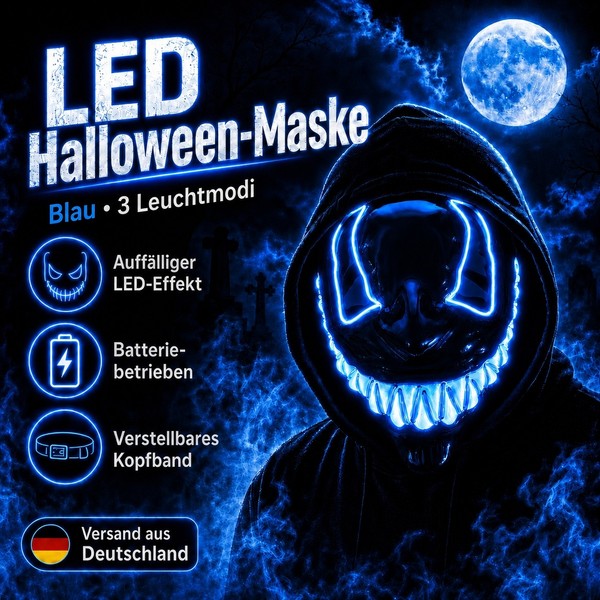 LED Halloween Maske Blau Mit 3 Leuchtmodi – Leuchtende Gruselmaske Mit Verstellb-image