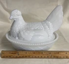 Vintage Milk Glass White Hen w/Flared Tail on Nest Covered Candy Dish 7.5" Long