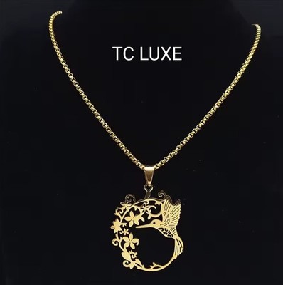 Hummingbird and Flower Necklace for Women Stainless Steel Gold New In Box