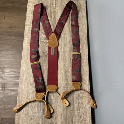 #ad #ad Trafalgar Silk Suspenders Red Paisley Pattern Brown Leather Button On Style $24.00