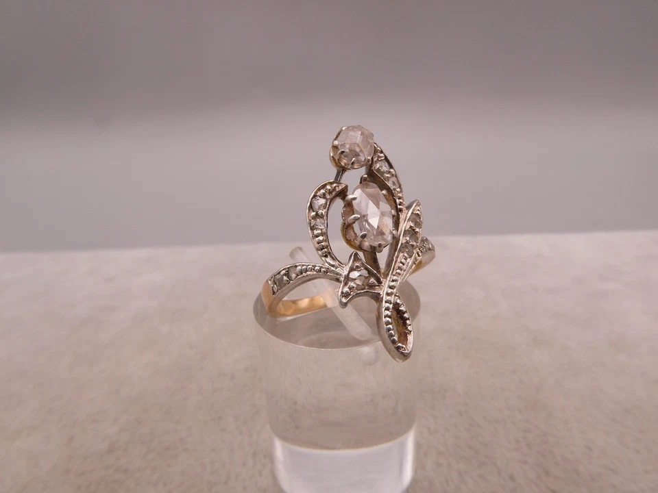 Ring Gold 14 Karat Jugendstil Art Nouveau Rarität mehrfärbig mit Diamantrosen - Bild 2 von 4