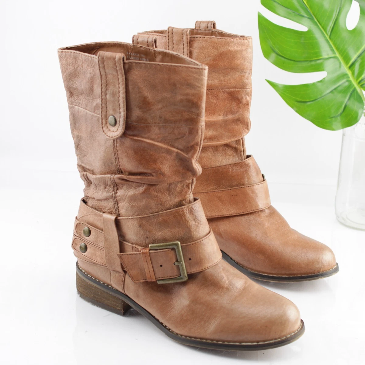 Steve Madden Women s Crafti Biker Boots Size 7 Tan Brown Leather Slouch Moto