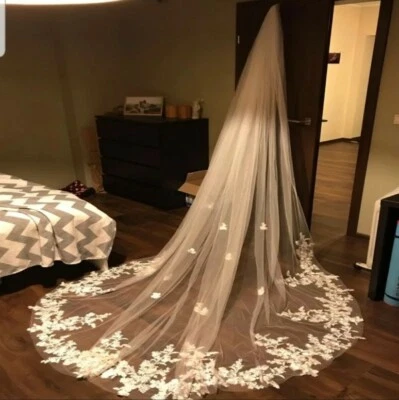 UK 1 Tier 3m 4m Bridal Veil Cathedral Length Wedding Veil Lace Edge With Comb