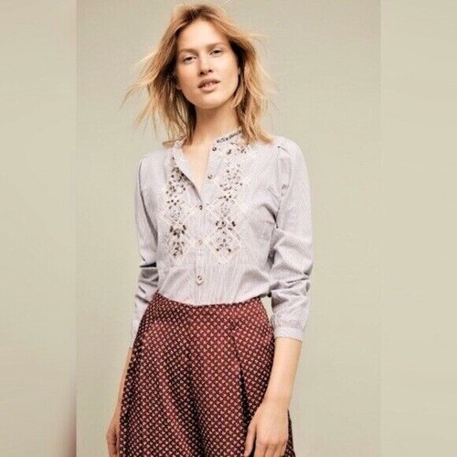 Neu Anthropologie verziert Spitzeneinsatz Nadelstreifen Bluse Top Floreat 14 Large - Bild 2 von 3