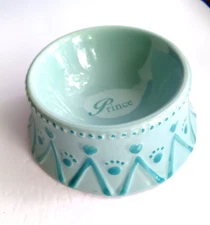 Dog Pet Dish Cat Royal PRINCE Blue Ceramic Crown Shape Design Hearts & Paws