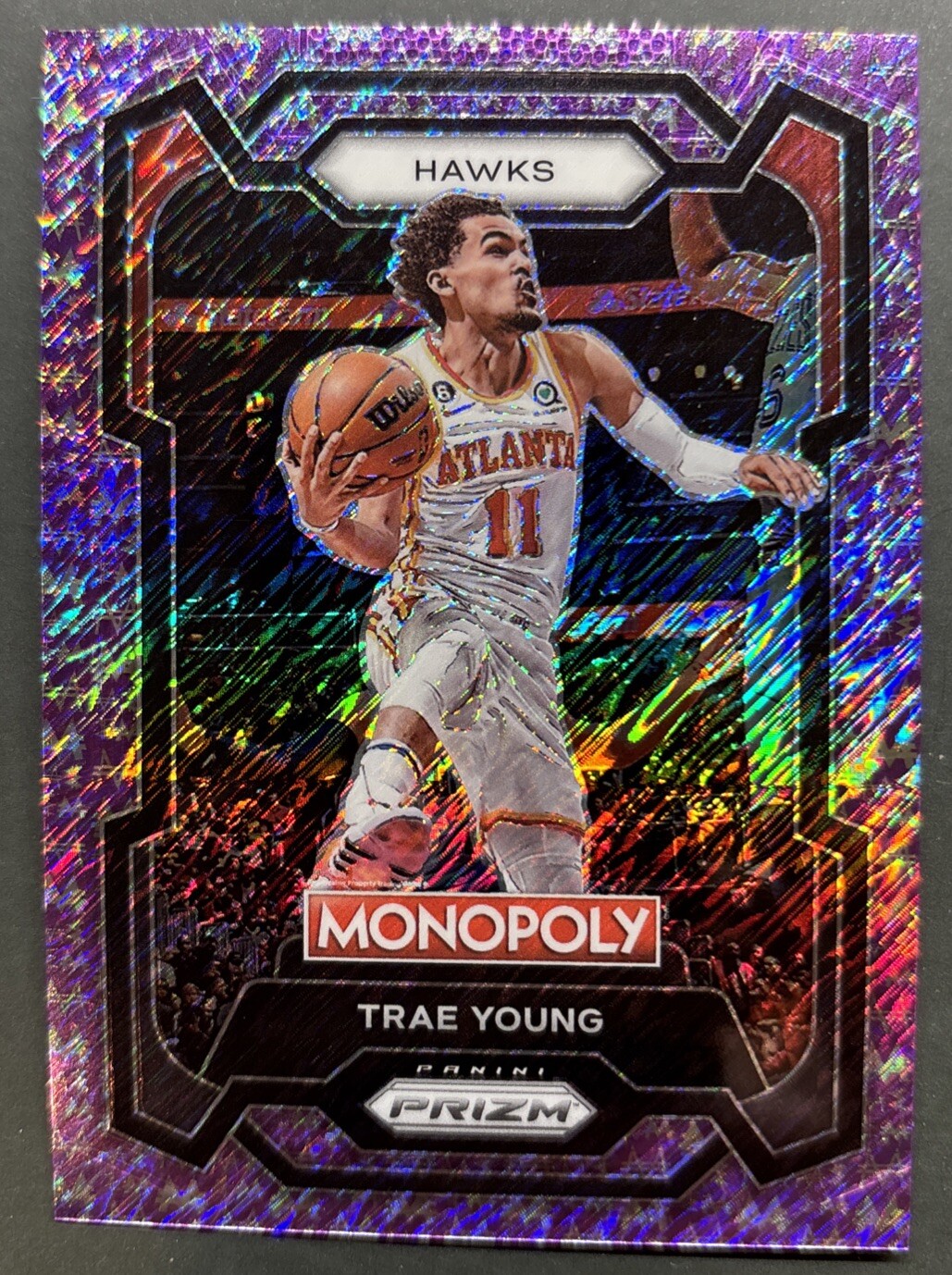 2023-24 Prizm Monopoly Millionaire Purple Shimmer #4 Trae Young /50 Hawks NBA